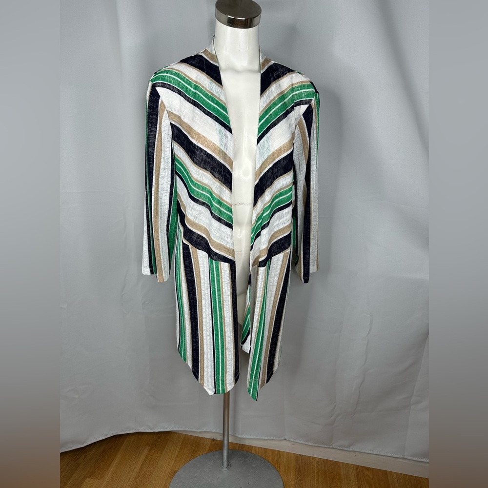 Chico's Travelers Green Blue Stripe Long Drape Open Front Cardigan Sz 3
